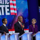 New York City Mayor Bill De Blasio, Rep. Tim Ryan (D-Ohio), former housing secretary Julian Castro, Sen. Cory Booker (D-N.J.), Sen. Elizabeth Warren (D-Mass.), and former Texas congressman Beto O’Rourke take part in the first night of the Democratic presidential debate, June 26, 2019, in Miami.